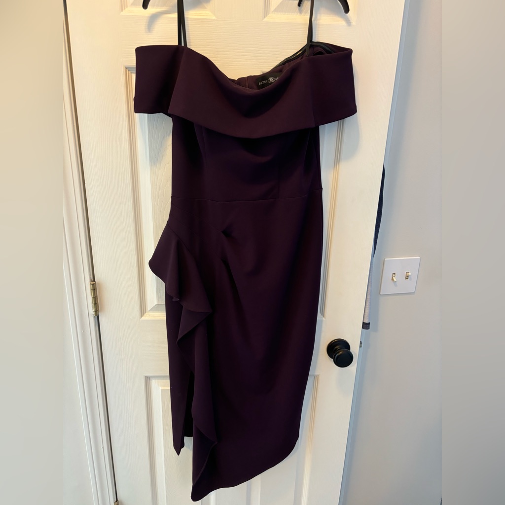 Betsy & Adam Size 10 Plum Color Ruffle Off The Shoulder Cocktail Midi Dress